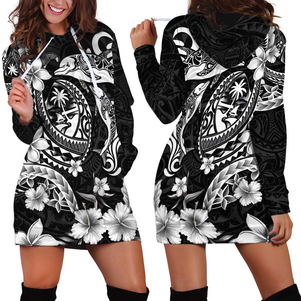 Guam Dolphins Tribal Tattoo Hoodie Dress Polynesian Art and Tropical Flower Grayscale LT03 - Polynesian Pride