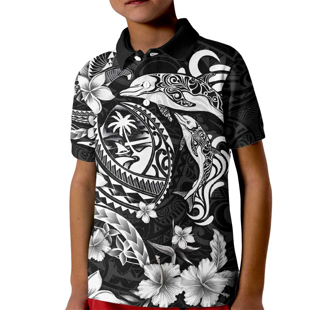 Guam Dolphins Tribal Tattoo Kid Polo Shirt Polynesian Art and Tropical Flower Grayscale LT03 Kid Black - Polynesian Pride