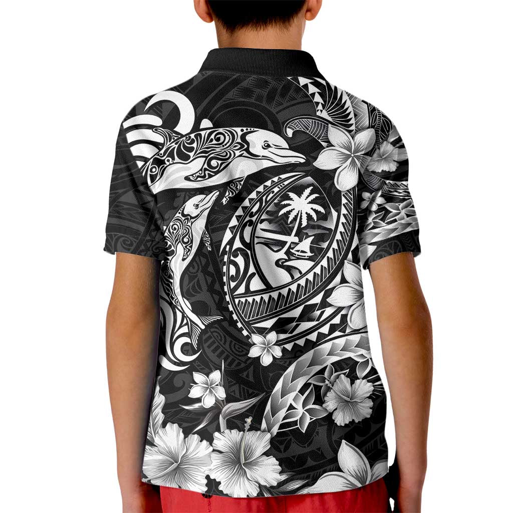Guam Dolphins Tribal Tattoo Kid Polo Shirt Polynesian Art and Tropical Flower Grayscale LT03 - Polynesian Pride