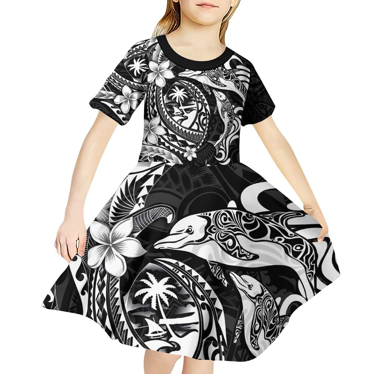 Guam Dolphins Tribal Tattoo Kid Short Sleeve Dress Polynesian Art and Tropical Flower Grayscale LT03 - Polynesian Pride