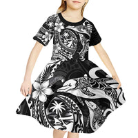 Guam Dolphins Tribal Tattoo Kid Short Sleeve Dress Polynesian Art and Tropical Flower Grayscale LT03 - Polynesian Pride