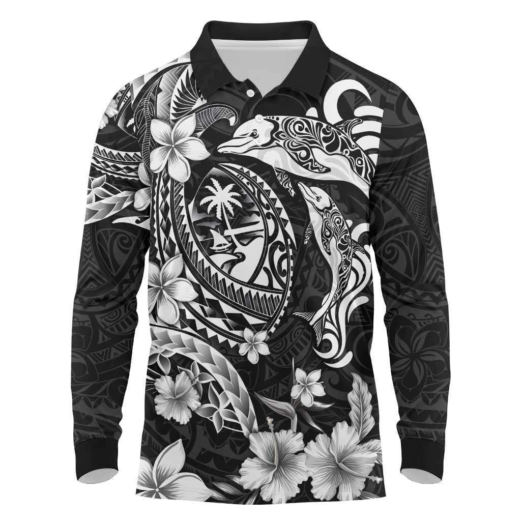 Guam Dolphins Tribal Tattoo Long Sleeve Polo Shirt Polynesian Art and Tropical Flower Grayscale LT03 Black - Polynesian Pride