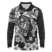 Guam Dolphins Tribal Tattoo Long Sleeve Polo Shirt Polynesian Art and Tropical Flower Grayscale LT03 Black - Polynesian Pride
