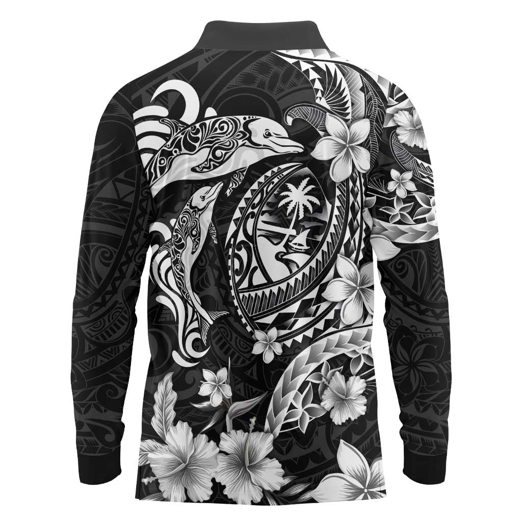 Guam Dolphins Tribal Tattoo Long Sleeve Polo Shirt Polynesian Art and Tropical Flower Grayscale LT03 - Polynesian Pride