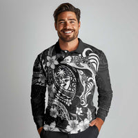 Guam Dolphins Tribal Tattoo Long Sleeve Polo Shirt Polynesian Art and Tropical Flower Grayscale LT03 - Polynesian Pride
