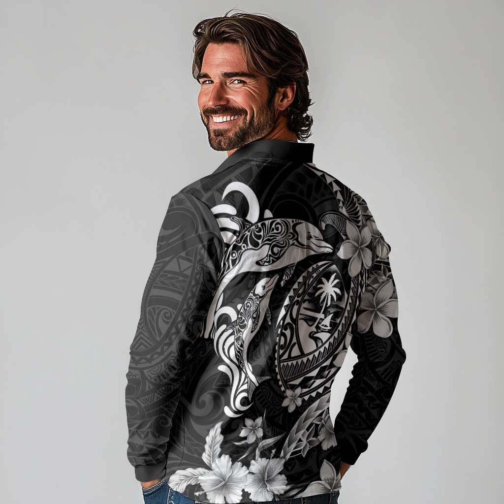 Guam Dolphins Tribal Tattoo Long Sleeve Polo Shirt Polynesian Art and Tropical Flower Grayscale LT03 - Polynesian Pride