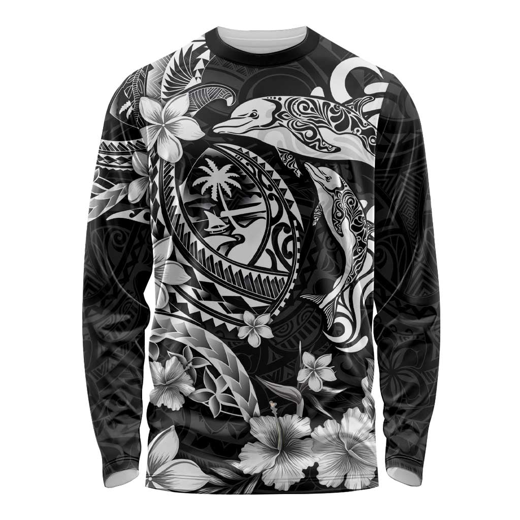Guam Dolphins Tribal Tattoo Long Sleeve Shirt Polynesian Art and Tropical Flower Grayscale LT03 Unisex Black - Polynesian Pride