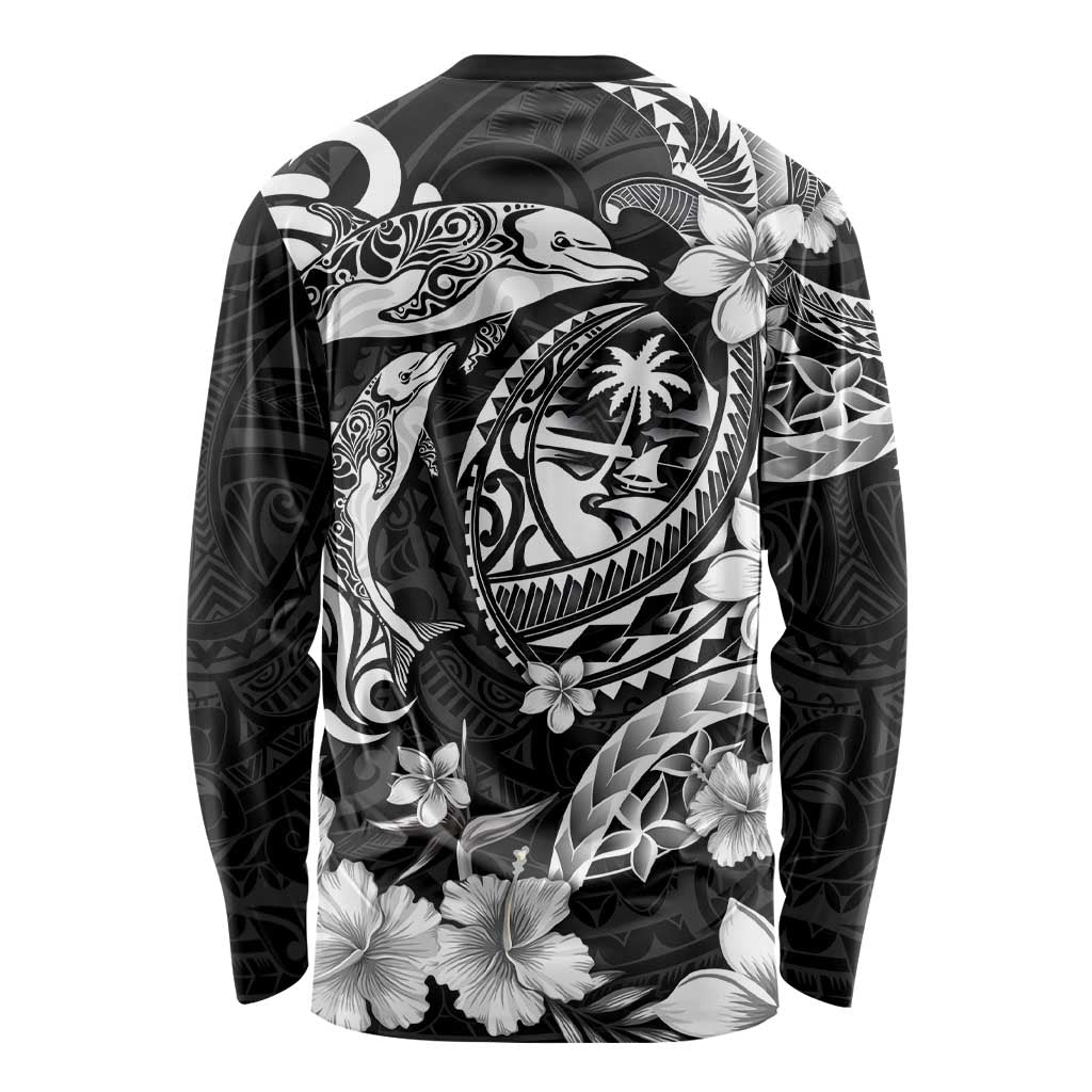 Guam Dolphins Tribal Tattoo Long Sleeve Shirt Polynesian Art and Tropical Flower Grayscale LT03 - Polynesian Pride