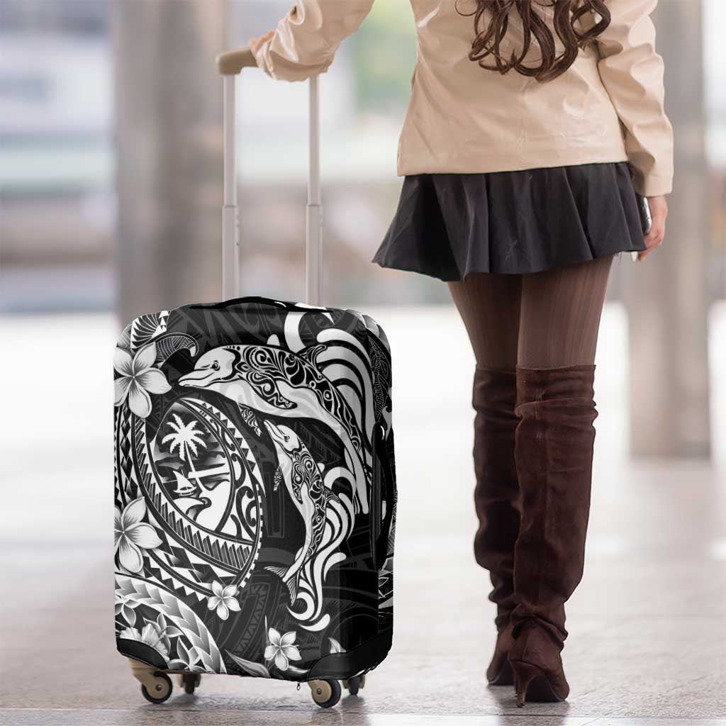 Guam Dolphins Tribal Tattoo Luggage Cover Polynesian Art and Tropical Flower Grayscale