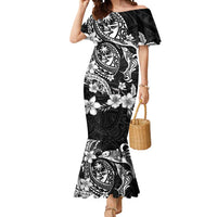 Guam Dolphins Tribal Tattoo Mermaid Dress Polynesian Art and Tropical Flower Grayscale LT03 Women Black - Polynesian Pride