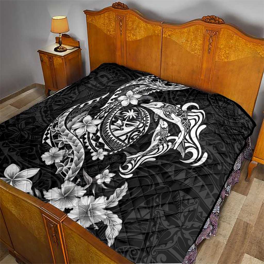 Guam Dolphins Tribal Tattoo Quilt Polynesian Art and Tropical Flower Grayscale