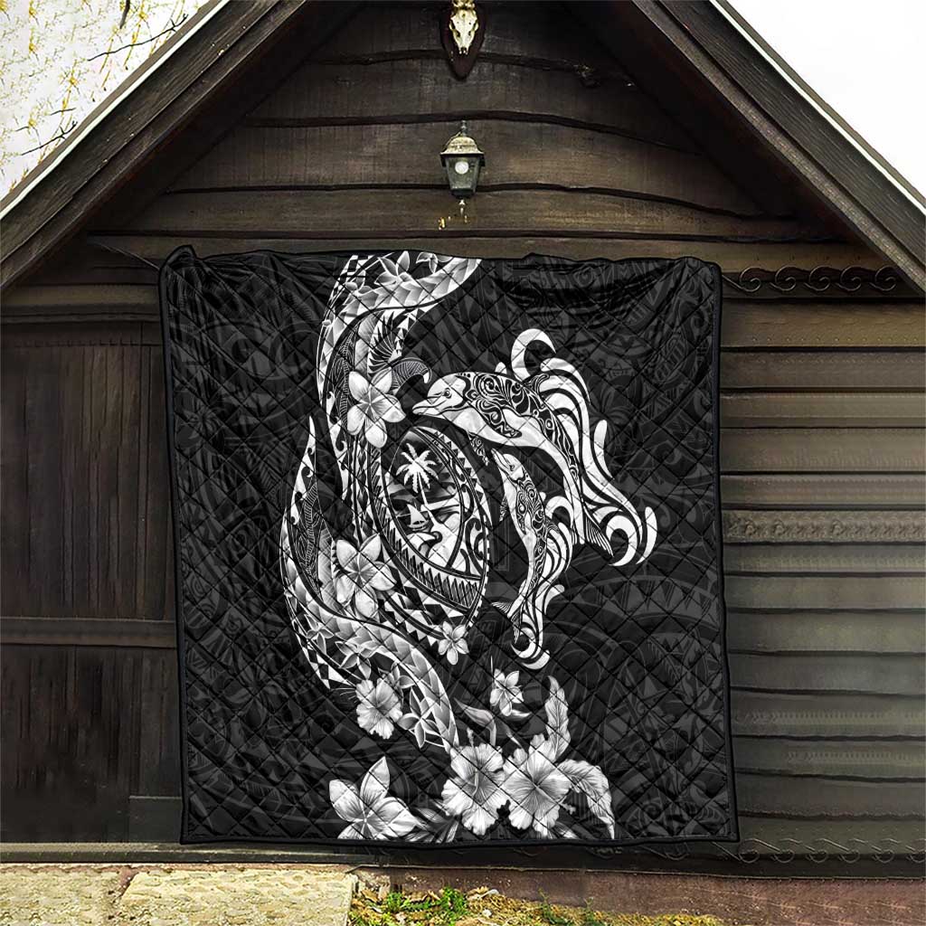 Guam Dolphins Tribal Tattoo Quilt Polynesian Art and Tropical Flower Grayscale