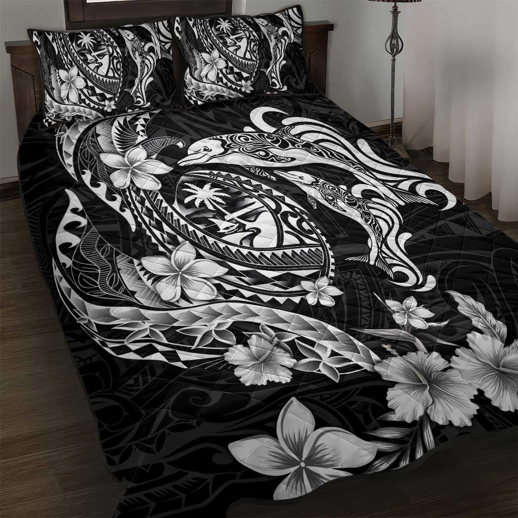 Guam Dolphins Tribal Tattoo Quilt Bed Set Polynesian Art and Tropical Flower Grayscale LT03 Black - Polynesian Pride