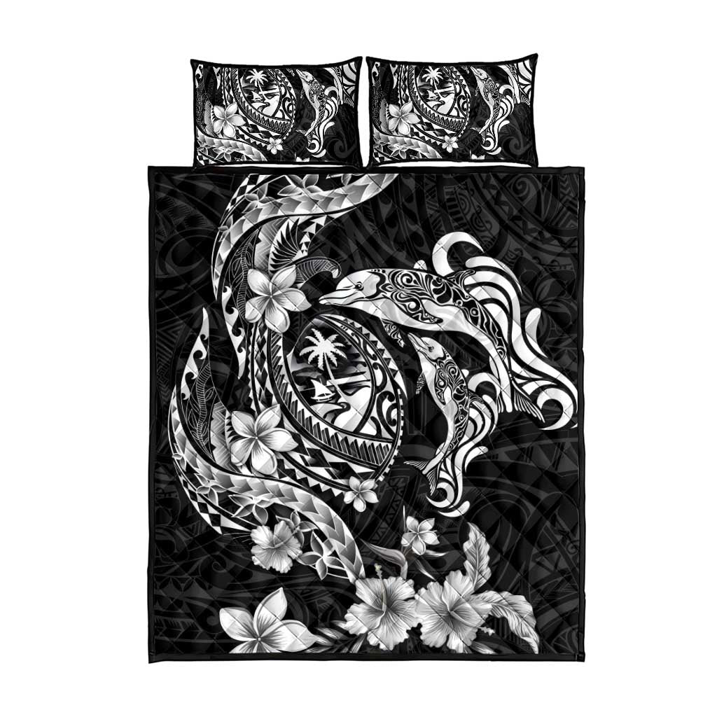 Guam Dolphins Tribal Tattoo Quilt Bed Set Polynesian Art and Tropical Flower Grayscale LT03 - Polynesian Pride