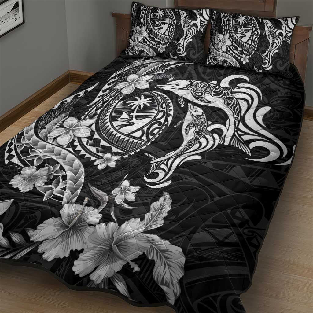 Guam Dolphins Tribal Tattoo Quilt Bed Set Polynesian Art and Tropical Flower Grayscale LT03 - Polynesian Pride