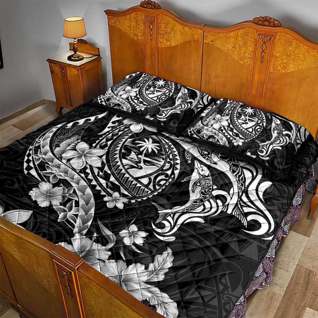 Guam Dolphins Tribal Tattoo Quilt Bed Set Polynesian Art and Tropical Flower Grayscale LT03 - Polynesian Pride