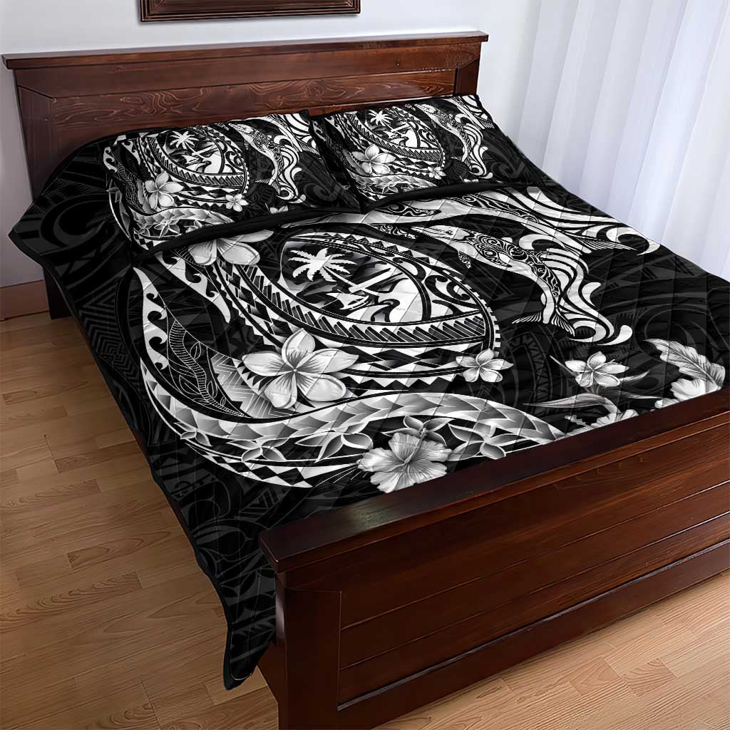 Guam Dolphins Tribal Tattoo Quilt Bed Set Polynesian Art and Tropical Flower Grayscale LT03 - Polynesian Pride