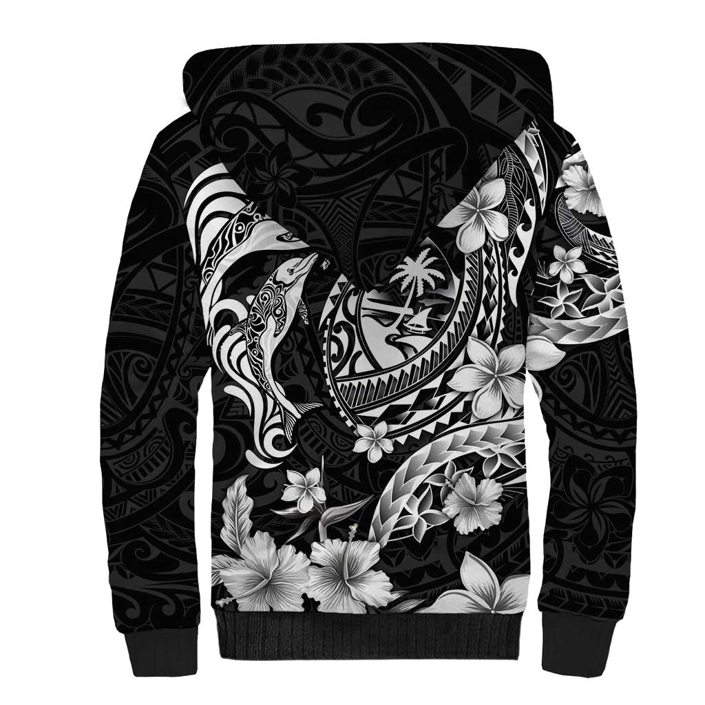 Guam Dolphins Tribal Tattoo Sherpa Hoodie Polynesian Art and Tropical Flower Grayscale LT03 - Polynesian Pride
