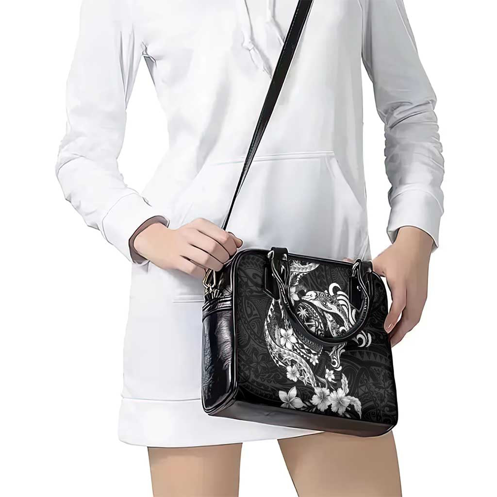 Guam Dolphins Tribal Tattoo Shoulder Handbag Polynesian Art and Tropical Flower Grayscale