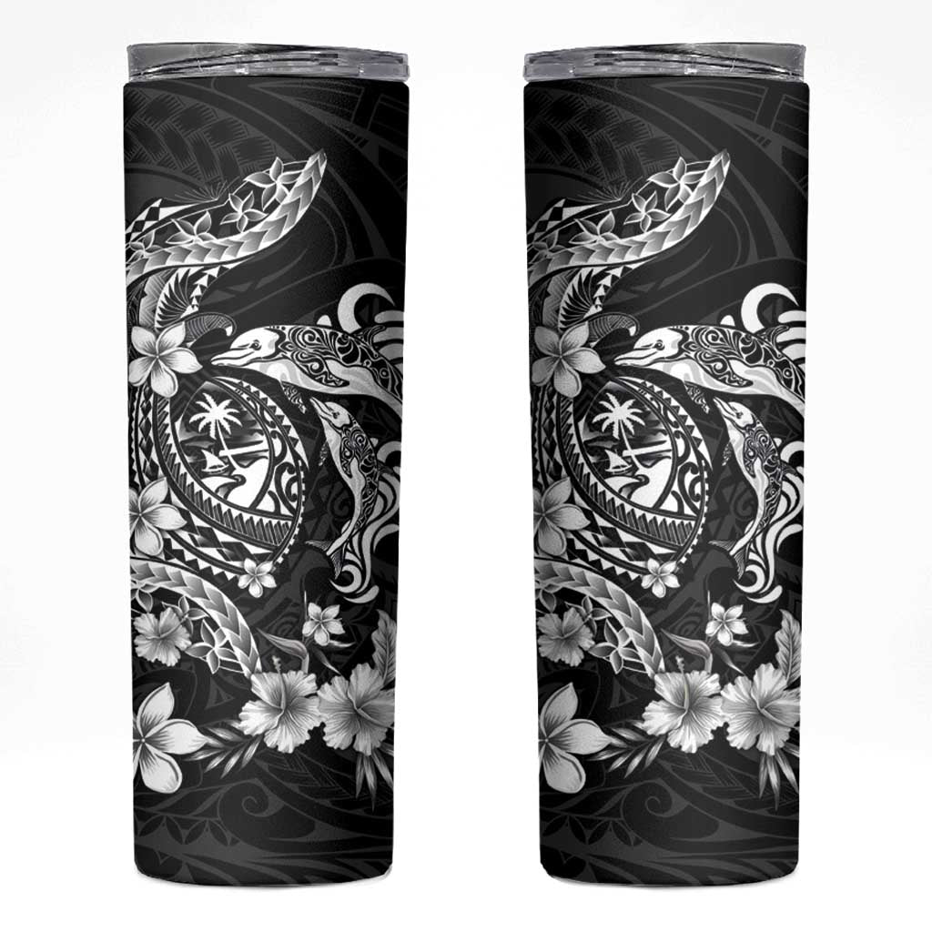 Guam Dolphins Tribal Tattoo Skinny Tumbler Polynesian Art and Tropical Flower Grayscale LT03 Black - Polynesian Pride