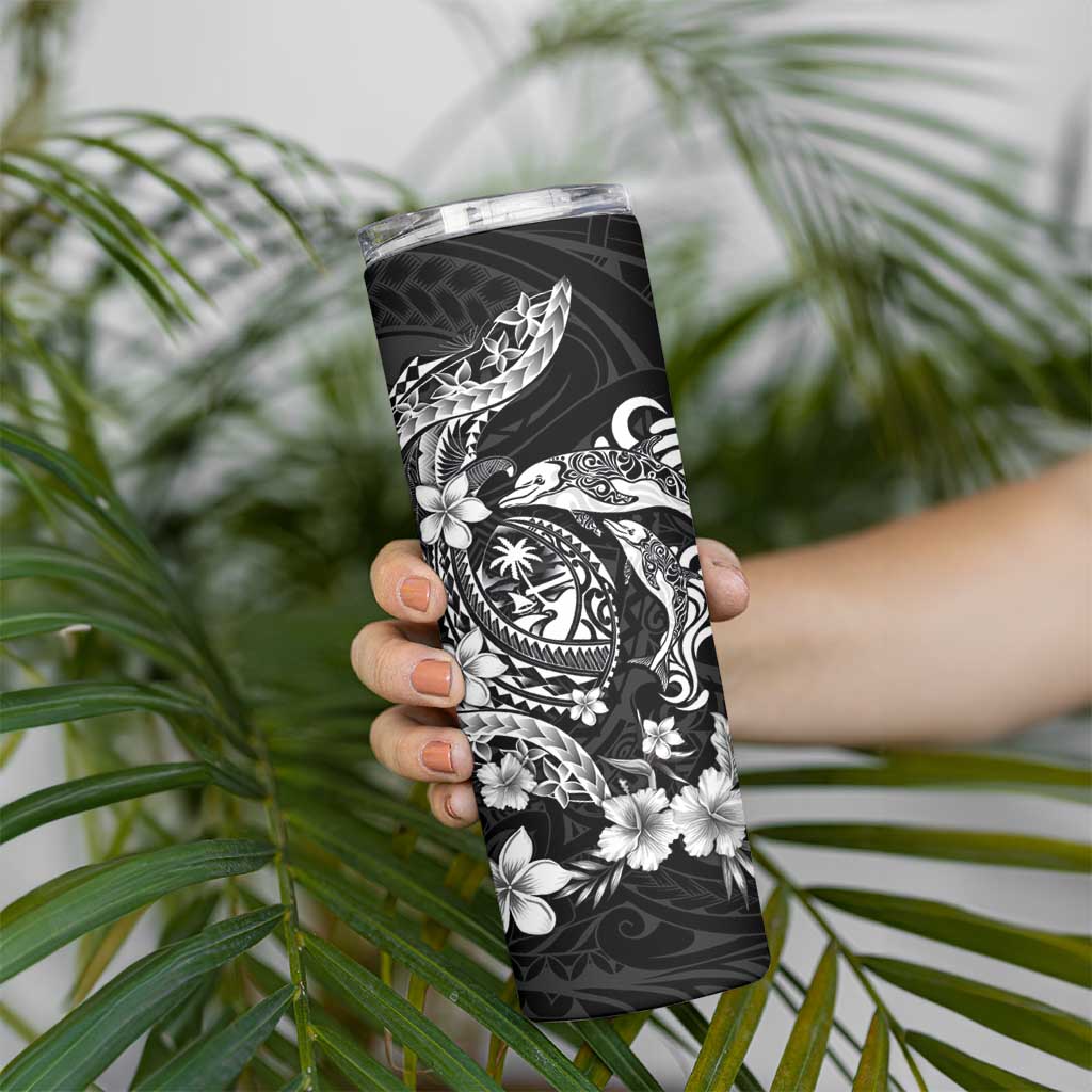 Guam Dolphins Tribal Tattoo Skinny Tumbler Polynesian Art and Tropical Flower Grayscale LT03 - Polynesian Pride