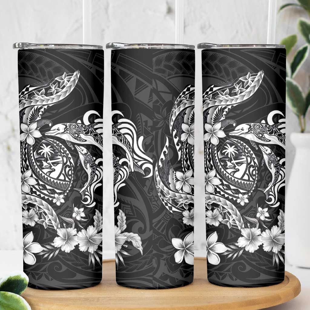 Guam Dolphins Tribal Tattoo Skinny Tumbler Polynesian Art and Tropical Flower Grayscale LT03 - Polynesian Pride
