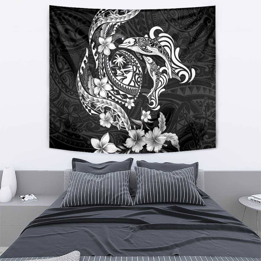 Guam Dolphins Tribal Tattoo Tapestry Polynesian Art and Tropical Flower Grayscale