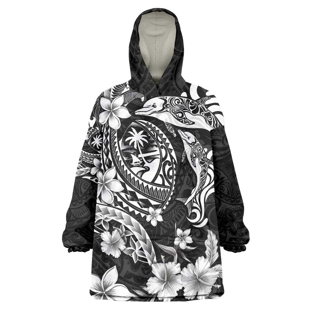 Guam Dolphins Tribal Tattoo Wearable Blanket Hoodie Polynesian Art and Tropical Flower Grayscale LT03 One Size Black - Polynesian Pride