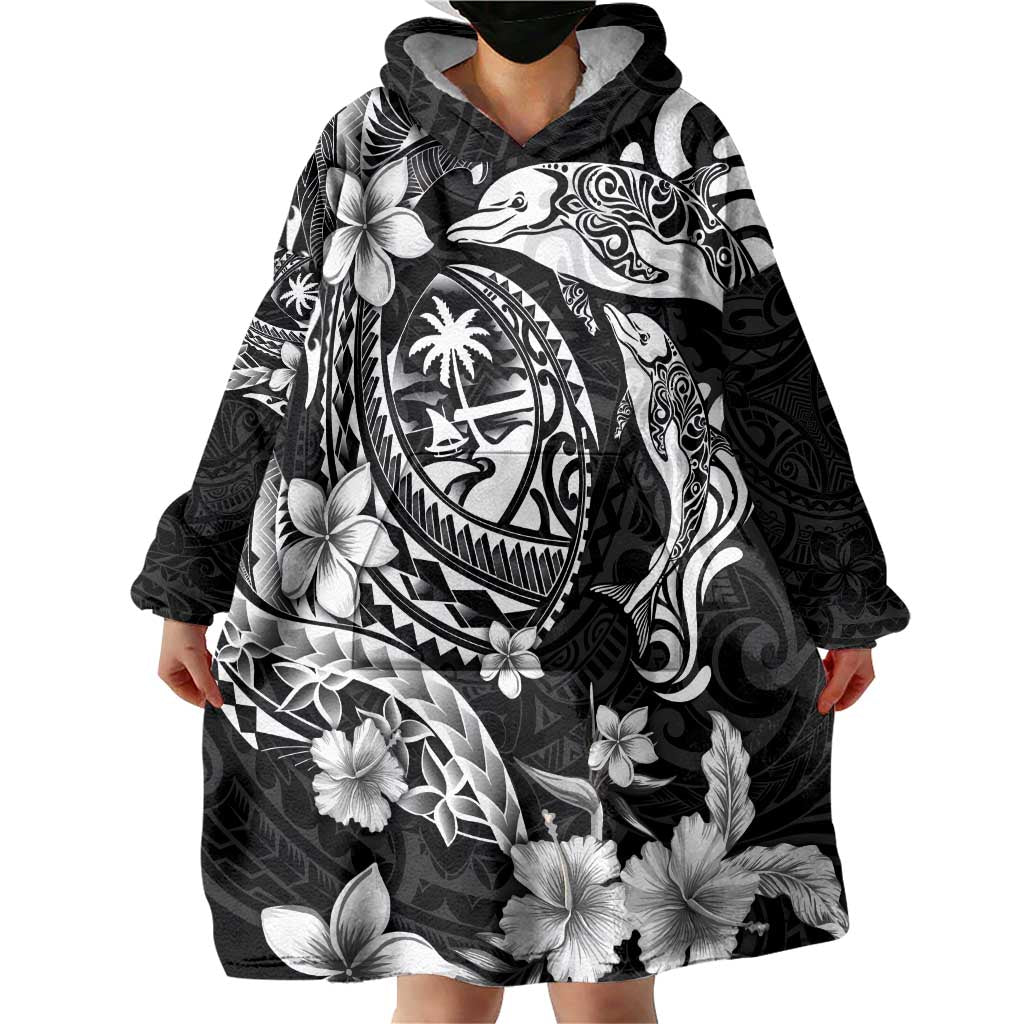 Guam Dolphins Tribal Tattoo Wearable Blanket Hoodie Polynesian Art and Tropical Flower Grayscale LT03 - Polynesian Pride