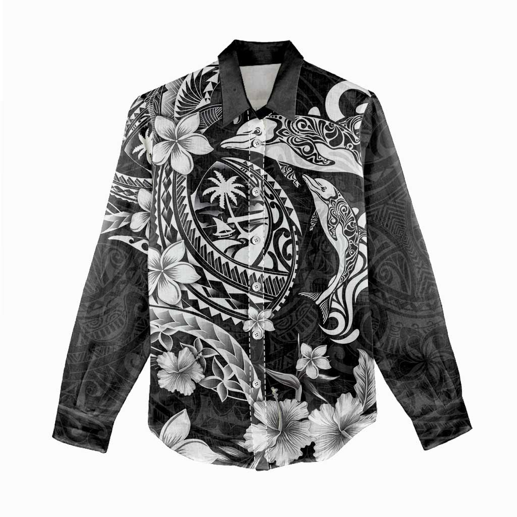Guam Dolphins Tribal Tattoo Women Casual Shirt Polynesian Art and Tropical Flower Grayscale LT03 - Polynesian Pride