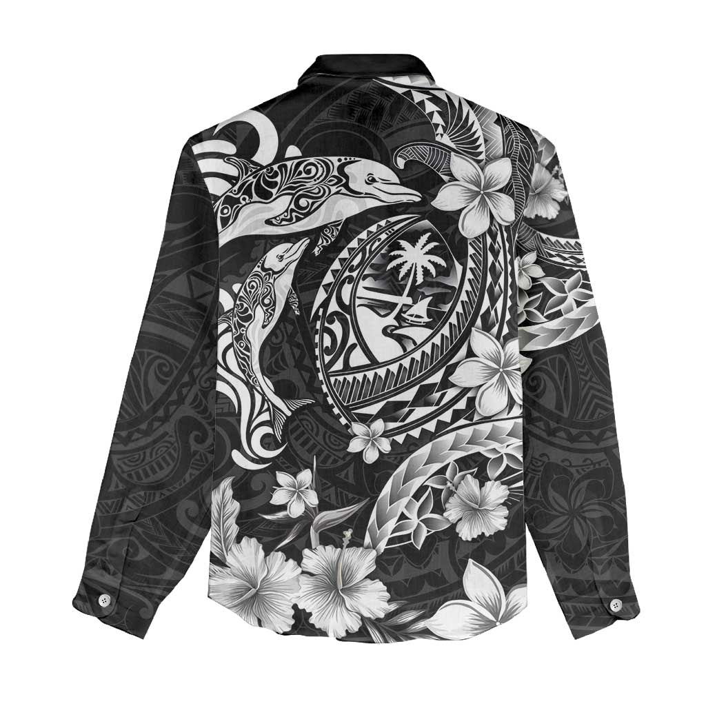Guam Dolphins Tribal Tattoo Women Casual Shirt Polynesian Art and Tropical Flower Grayscale LT03 - Polynesian Pride