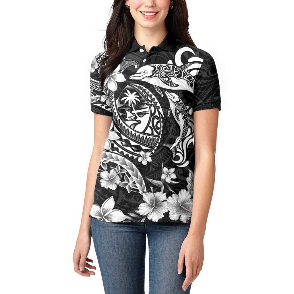 Guam Dolphins Tribal Tattoo Women Polo Shirt Polynesian Art and Tropical Flower Grayscale LT03 - Polynesian Pride
