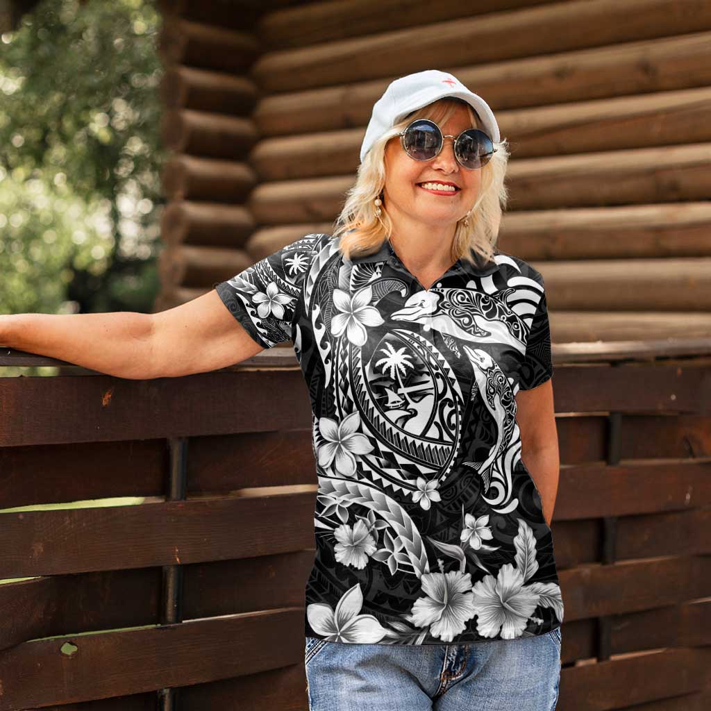 Guam Dolphins Tribal Tattoo Women Polo Shirt Polynesian Art and Tropical Flower Grayscale LT03 - Polynesian Pride