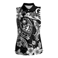 Guam Dolphins Tribal Tattoo Women Sleeveless Polo Shirt Polynesian Art and Tropical Flower Grayscale LT03 Female Black - Polynesian Pride