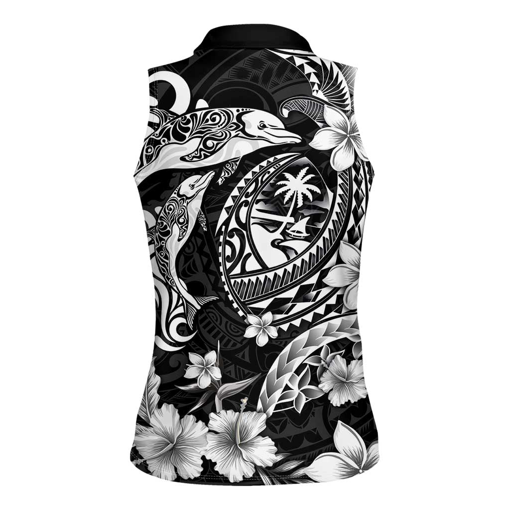 Guam Dolphins Tribal Tattoo Women Sleeveless Polo Shirt Polynesian Art and Tropical Flower Grayscale LT03 - Polynesian Pride