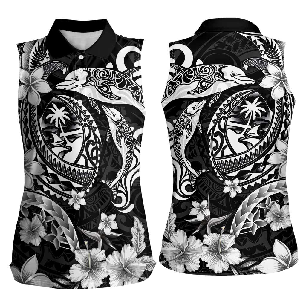 Guam Dolphins Tribal Tattoo Women Sleeveless Polo Shirt Polynesian Art and Tropical Flower Grayscale LT03 - Polynesian Pride