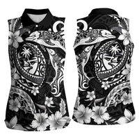 Guam Dolphins Tribal Tattoo Women Sleeveless Polo Shirt Polynesian Art and Tropical Flower Grayscale LT03 - Polynesian Pride