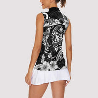 Guam Dolphins Tribal Tattoo Women Sleeveless Polo Shirt Polynesian Art and Tropical Flower Grayscale LT03 - Polynesian Pride