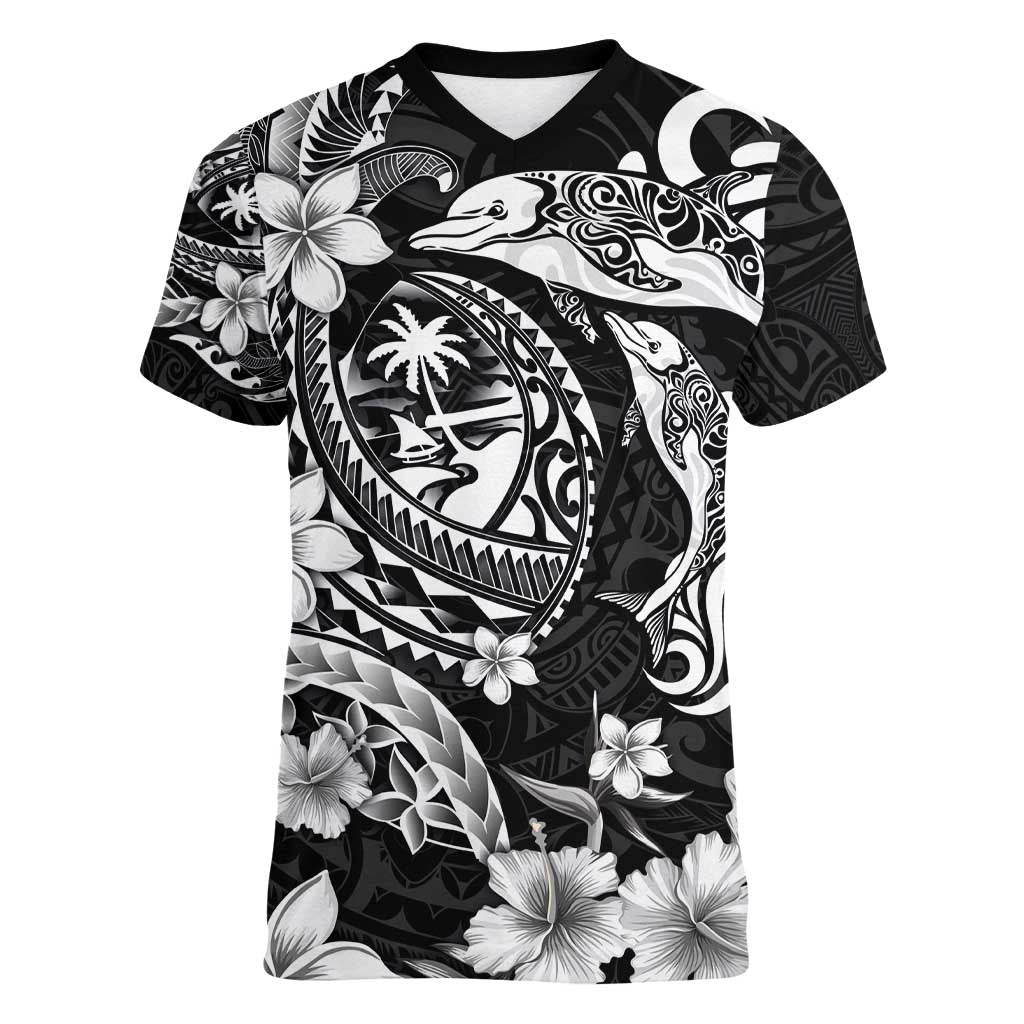 Guam Dolphins Tribal Tattoo Women V-Neck T-Shirt Polynesian Art and Tropical Flower Grayscale LT03 Female Black - Polynesian Pride