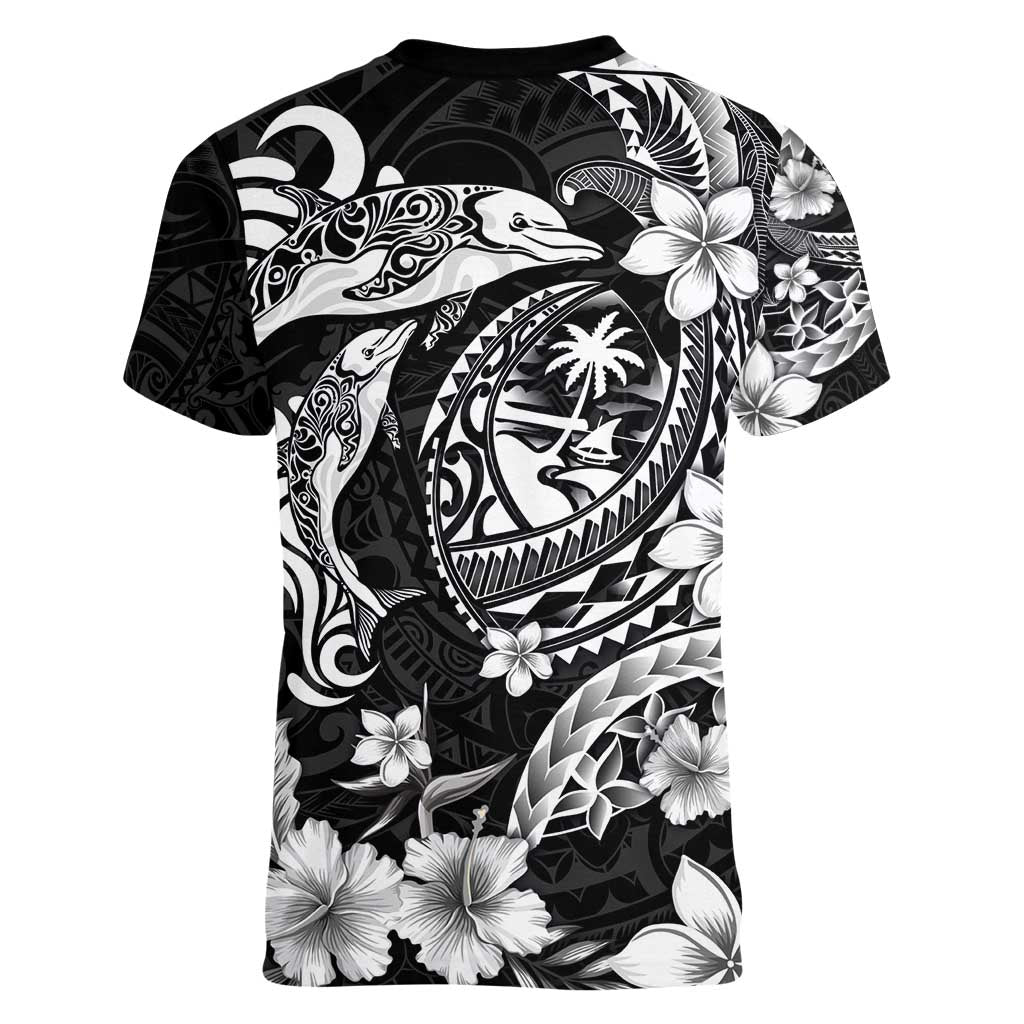 Guam Dolphins Tribal Tattoo Women V-Neck T-Shirt Polynesian Art and Tropical Flower Grayscale LT03 - Polynesian Pride