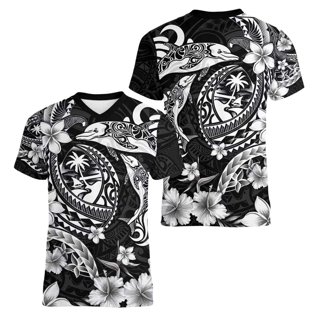 Guam Dolphins Tribal Tattoo Women V-Neck T-Shirt Polynesian Art and Tropical Flower Grayscale LT03 - Polynesian Pride