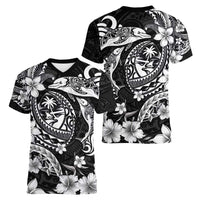 Guam Dolphins Tribal Tattoo Women V-Neck T-Shirt Polynesian Art and Tropical Flower Grayscale LT03 - Polynesian Pride