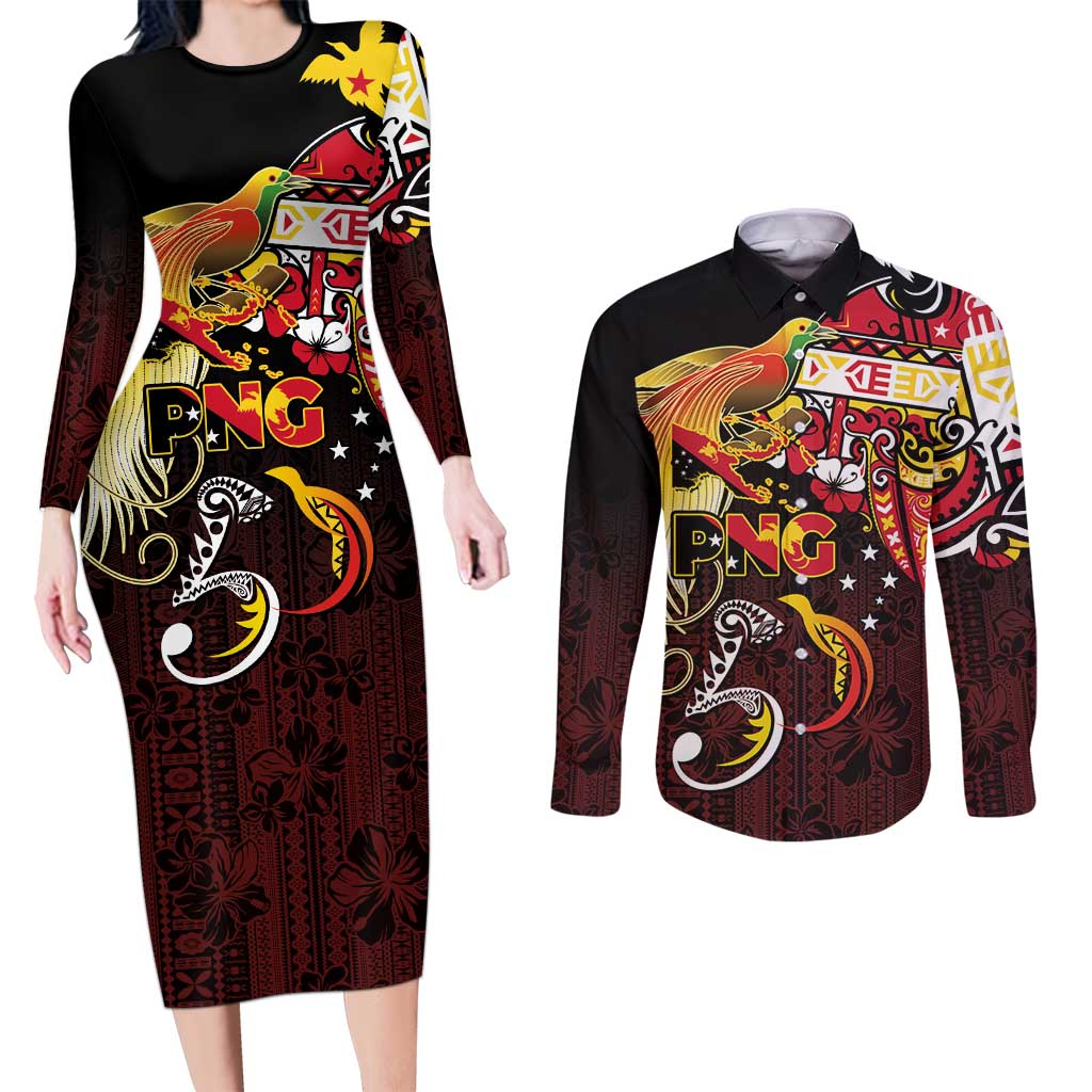 Papua New Guinea 2025 Couples Matching Long Sleeve Bodycon Dress and Long Sleeve Button Shirt 50th Independence Day Anniversary LT03 Red - Polynesian Pride