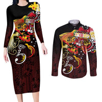 Papua New Guinea 2025 Couples Matching Long Sleeve Bodycon Dress and Long Sleeve Button Shirt 50th Independence Day Anniversary LT03 Red - Polynesian Pride
