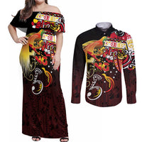 Papua New Guinea 2025 Couples Matching Off Shoulder Maxi Dress and Long Sleeve Button Shirt 50th Independence Day Anniversary LT03 Red - Polynesian Pride