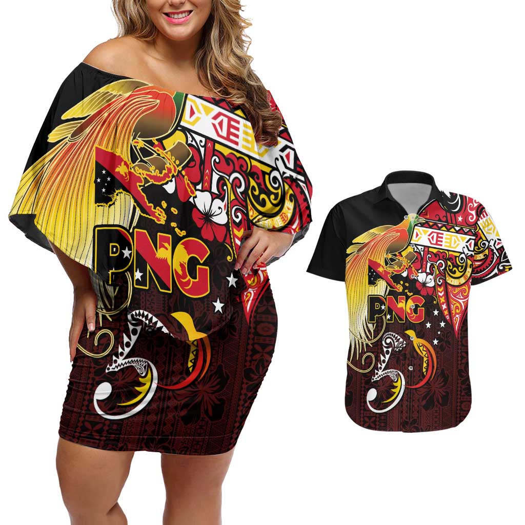 Papua New Guinea 2025 Couples Matching Off Shoulder Short Dress and Hawaiian Shirt 50th Independence Day Anniversary LT03 Red - Polynesian Pride