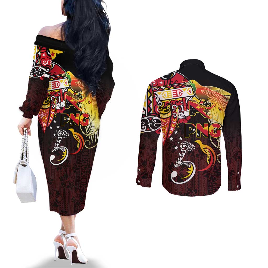 Papua New Guinea 2025 Couples Matching Off The Shoulder Long Sleeve Dress and Long Sleeve Button Shirt 50th Independence Day Anniversary LT03 - Polynesian Pride