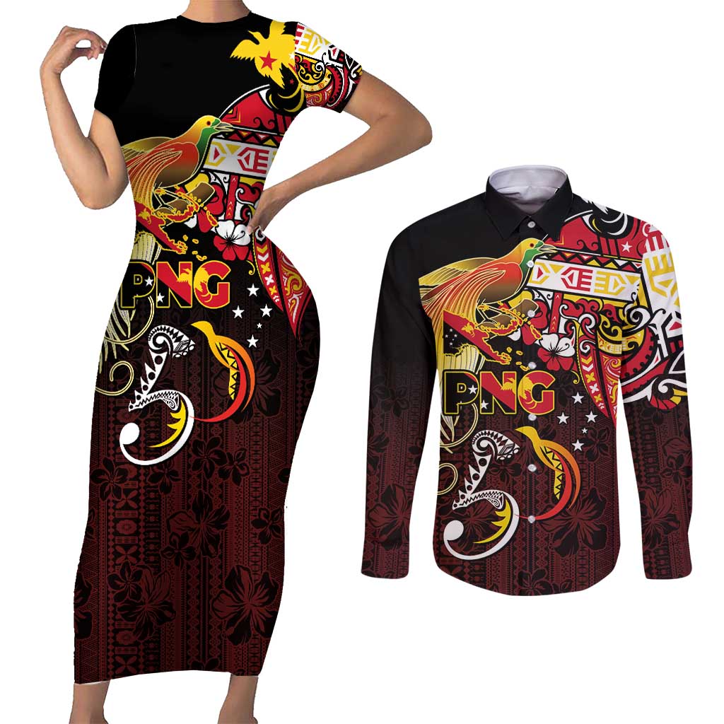 Papua New Guinea 2025 Couples Matching Short Sleeve Bodycon Dress and Long Sleeve Button Shirt 50th Independence Day Anniversary LT03 Red - Polynesian Pride
