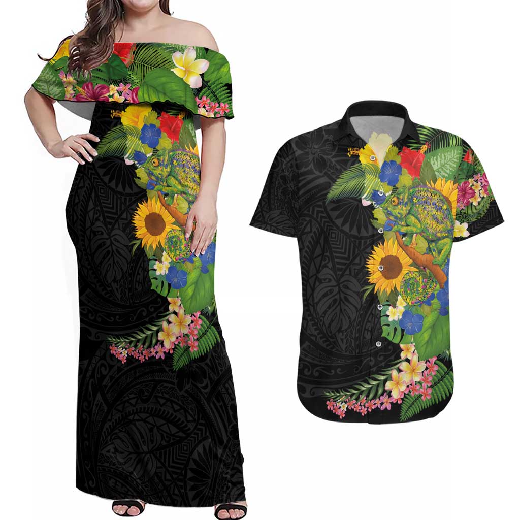 Hawaiian Tropical Plants and Chameleon Couples Matching Off Shoulder Maxi Dress and Hawaiian Shirt Polynesian Art Colorful - Polynesian Pride