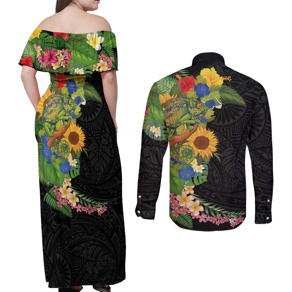 Hawaiian Tropical Plants and Chameleon Couples Matching Off Shoulder Maxi Dress and Long Sleeve Button Shirt Polynesian Art Colorful - Polynesian Pride